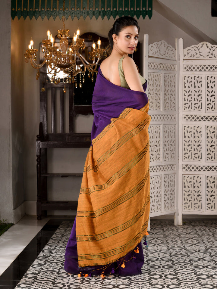CHARUKRITI Violet Cotton Handwoven Saree With Zari In Pallu Unstitched Blouse Piece