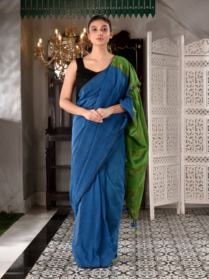 CHARUKRITI Blue Cotton Handwoven Saree With Zari In Pallu Unstitched Blouse Piece