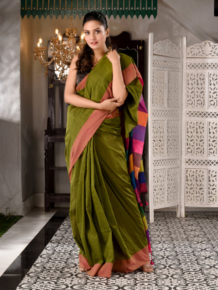 CHARUKRITI Sap Green Cotton Textured  Saree With Multicolor Pallu Unstitched Blouse Piece