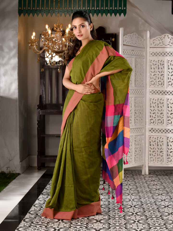 CHARUKRITI Sap Green Cotton Textured  Saree With Multicolor Pallu Unstitched Blouse Piece