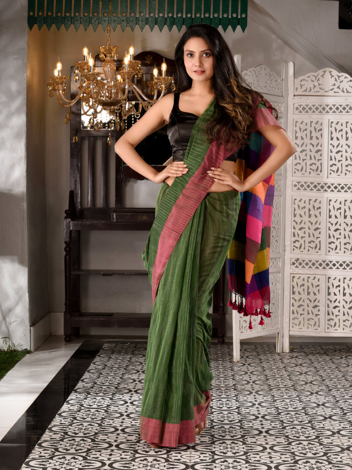 CHARUKRITI Moss Green Cotton Textured  Saree With Multicolor Pallu Unstitched Blouse Piece