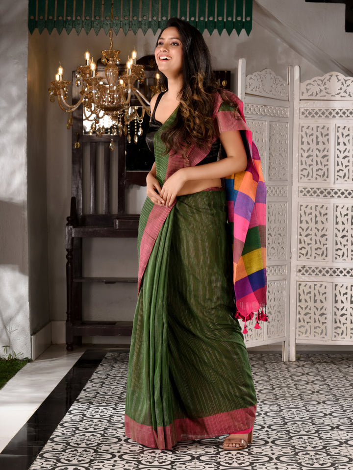 CHARUKRITI Moss Green Cotton Textured  Saree With Multicolor Pallu Unstitched Blouse Piece