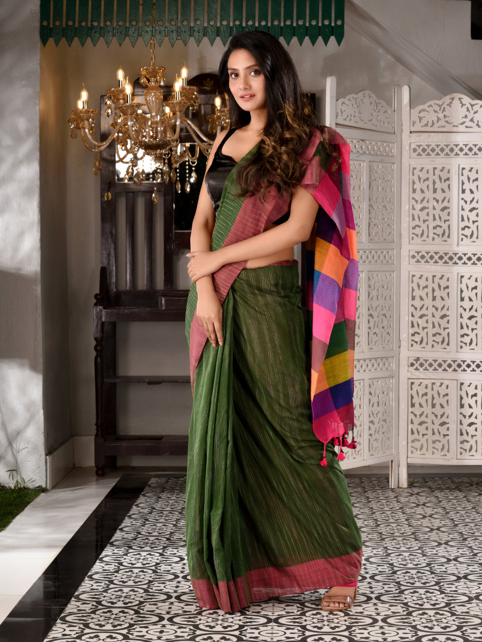 CHARUKRITI Moss Green Cotton Textured  Saree With Multicolor Pallu Unstitched Blouse Piece