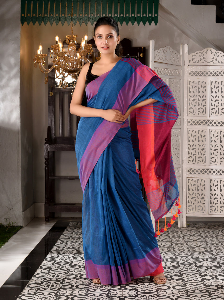 CHARUKRITI Blue Cotton Textured Handwoven Saree with Unstitched Blouse Piece