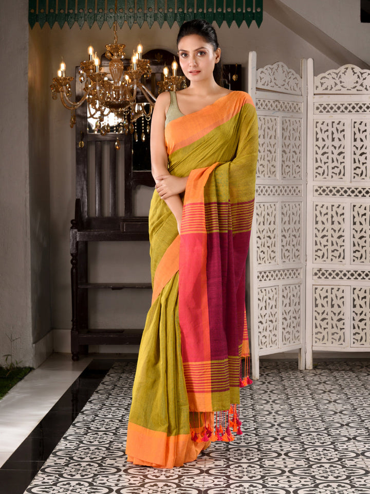 CHARUKRITI Mustard Cotton Textured Handwoven Saree with Unstitched Blouse Piece