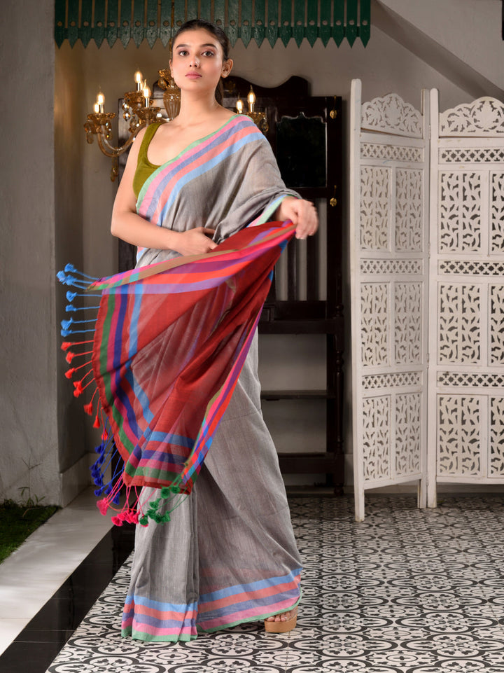 CHARUKRITI Grey Cotton Textured Handwoven Saree with Unstitched Blouse Piece
