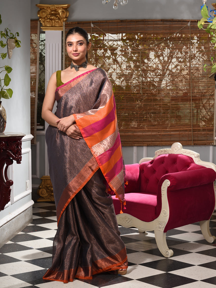 CHARUKRITI Grey Tissue Handwoven Saree with Unstitched Blouse Piece
