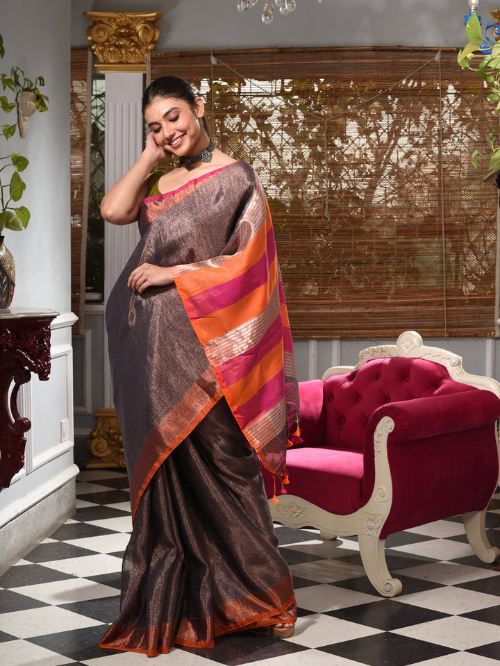 CHARUKRITI Grey Tissue Handwoven Saree with Unstitched Blouse Piece