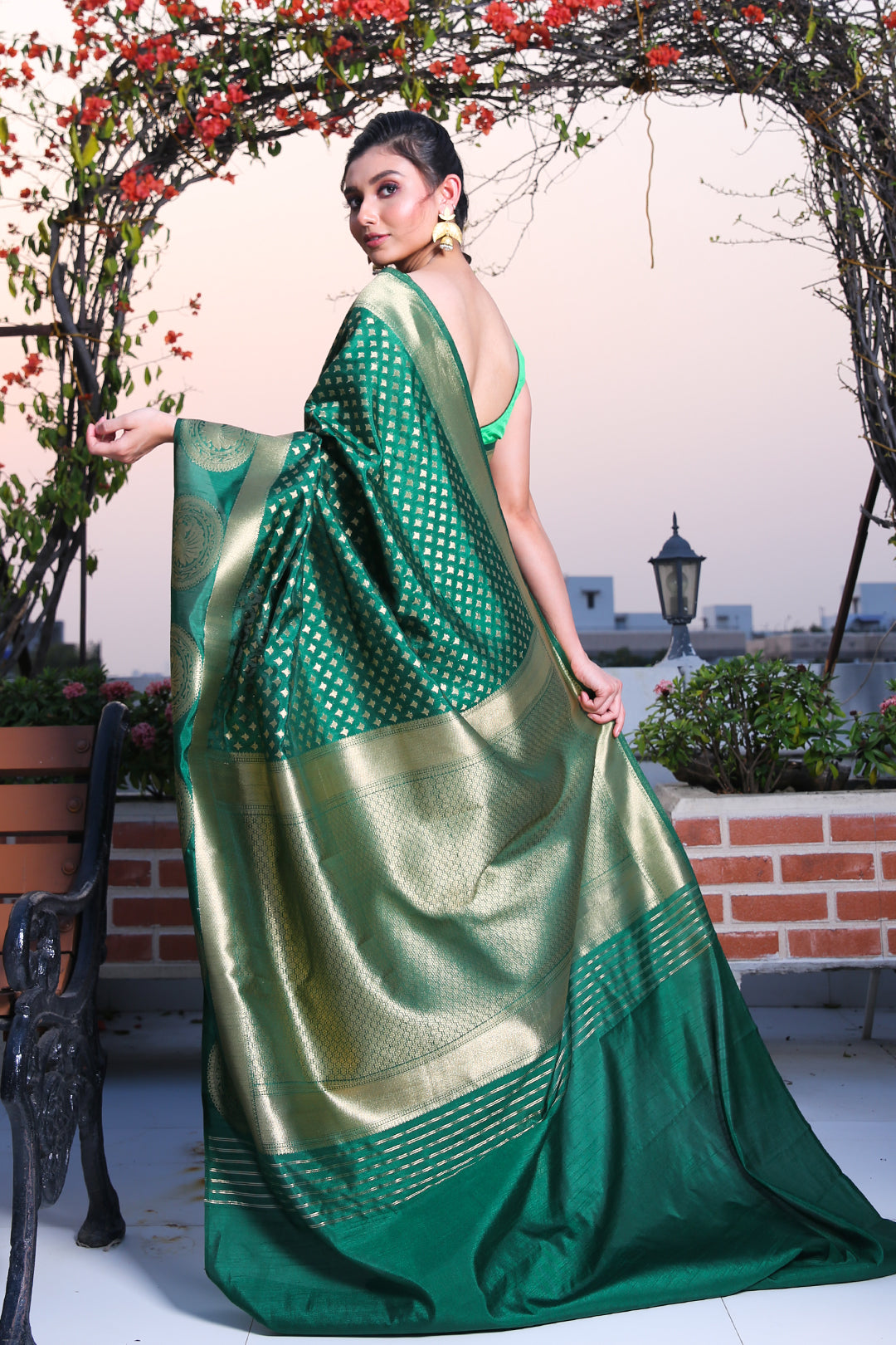 CHARUKRITI Bottle Green Brocade Silk Saree with Traditional Motif and Unstitched Blouse