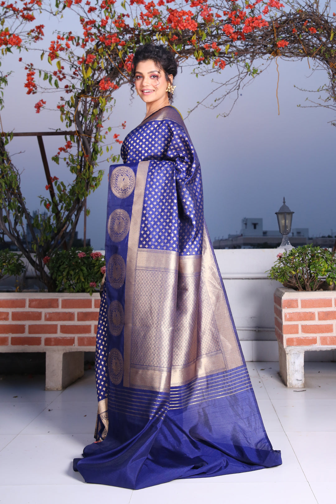 CHARUKRITI Blue Brocade Silk Saree with Traditional Motif and Unstitched Blouse