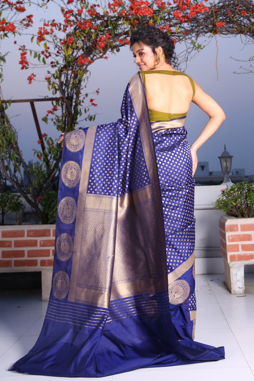 CHARUKRITI Blue Brocade Silk Saree with Traditional Motif and Unstitched Blouse