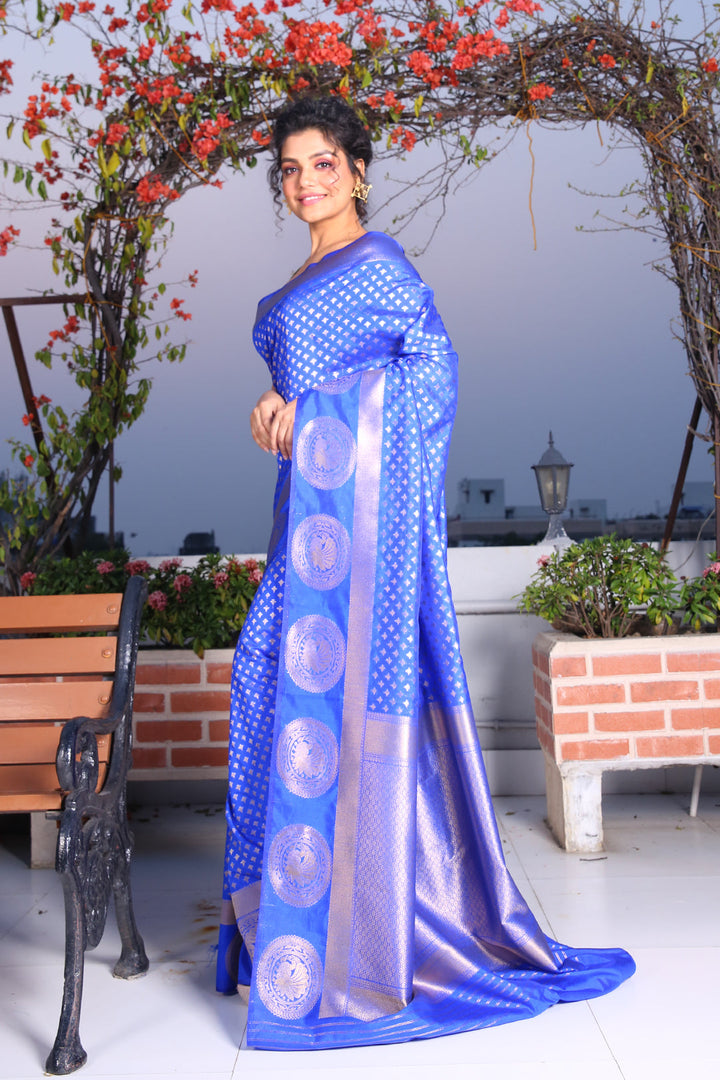 CHARUKRITI Cobalt Blue Brocade Silk Saree with Traditional Motif and Unstitched Blouse