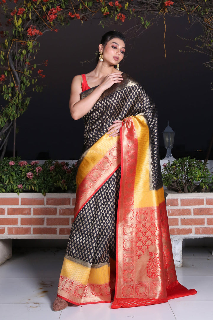 CHARUKRITI Black Brocade Silk Saree with Zari Weaving and Unstitched Blouse