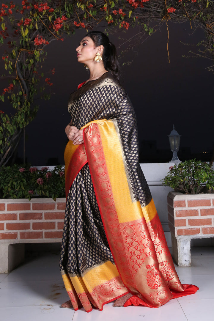 CHARUKRITI Black Brocade Silk Saree with Zari Weaving and Unstitched Blouse