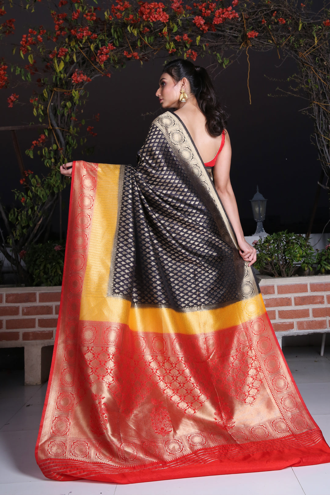 CHARUKRITI Black Brocade Silk Saree with Zari Weaving and Unstitched Blouse