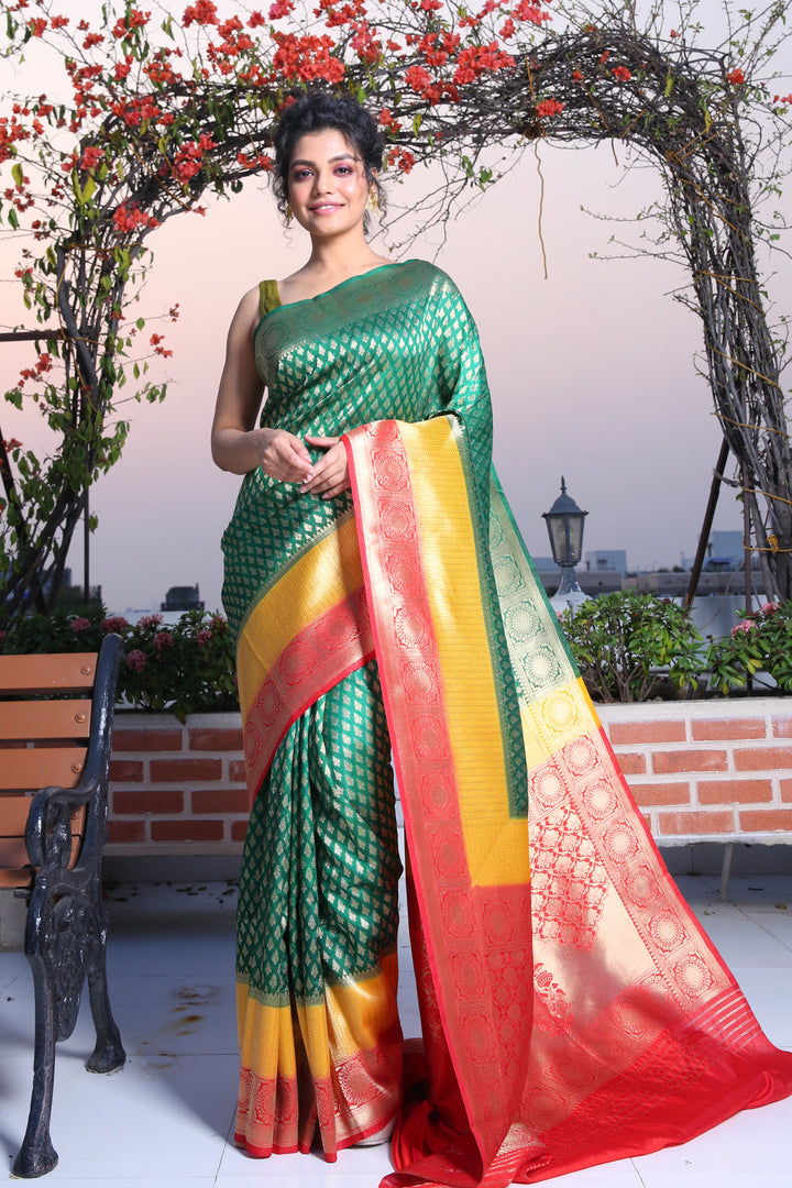 CHARUKRITI Bottle Green Brocade Silk Saree with Zari Weaving and Unstitched Blouse