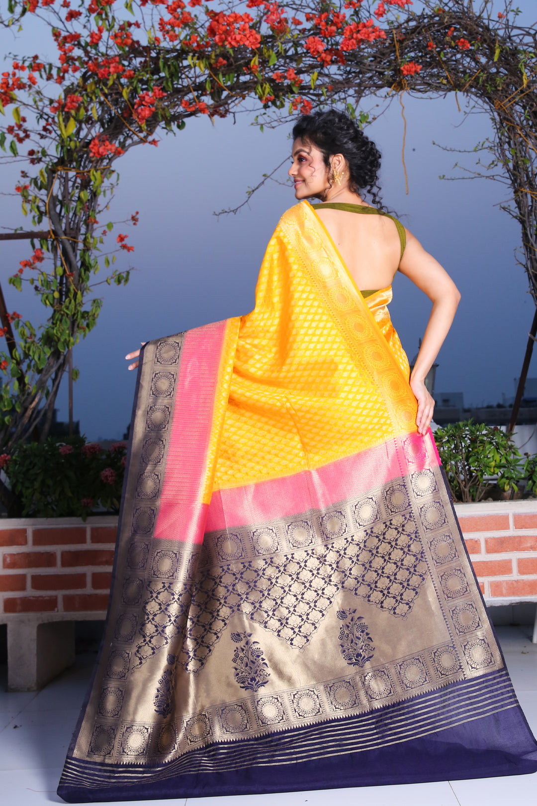 CHARUKRITI Golden Yellow Brocade Silk Saree with Zari Weaving and Unstitched Blouse