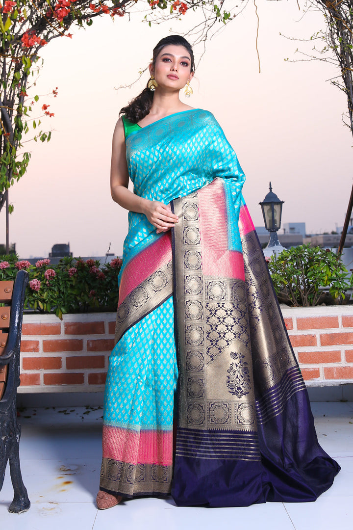 CHARUKRITI Sky Blue Brocade Silk Saree with Zari Weaving and Unstitched Blouse