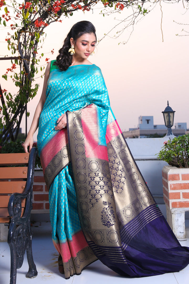 CHARUKRITI Sky Blue Brocade Silk Saree with Zari Weaving and Unstitched Blouse