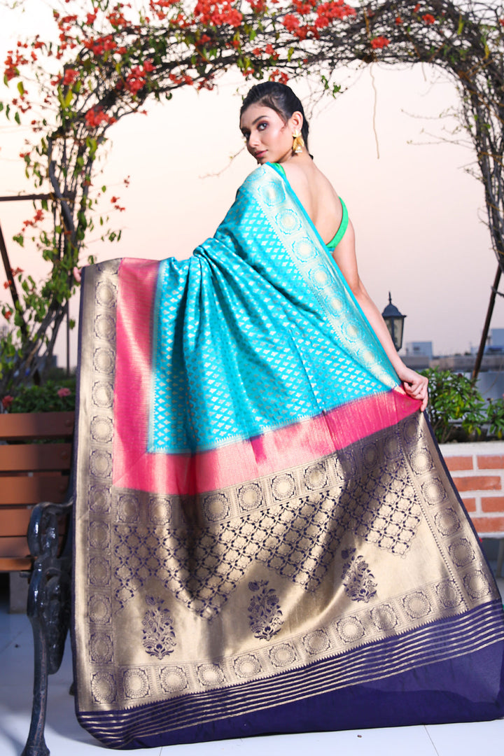 CHARUKRITI Sky Blue Brocade Silk Saree with Zari Weaving and Unstitched Blouse