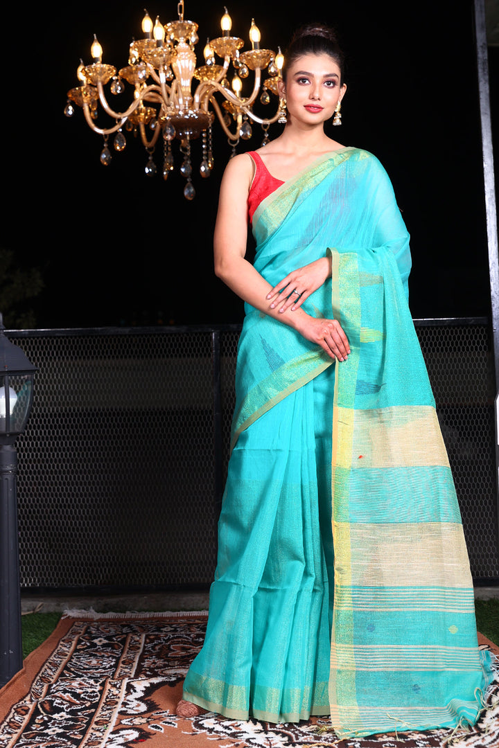 CHARUKRITI Blue Blended Cotton Textured Design Handwoven Saree with Unstitched Blouse