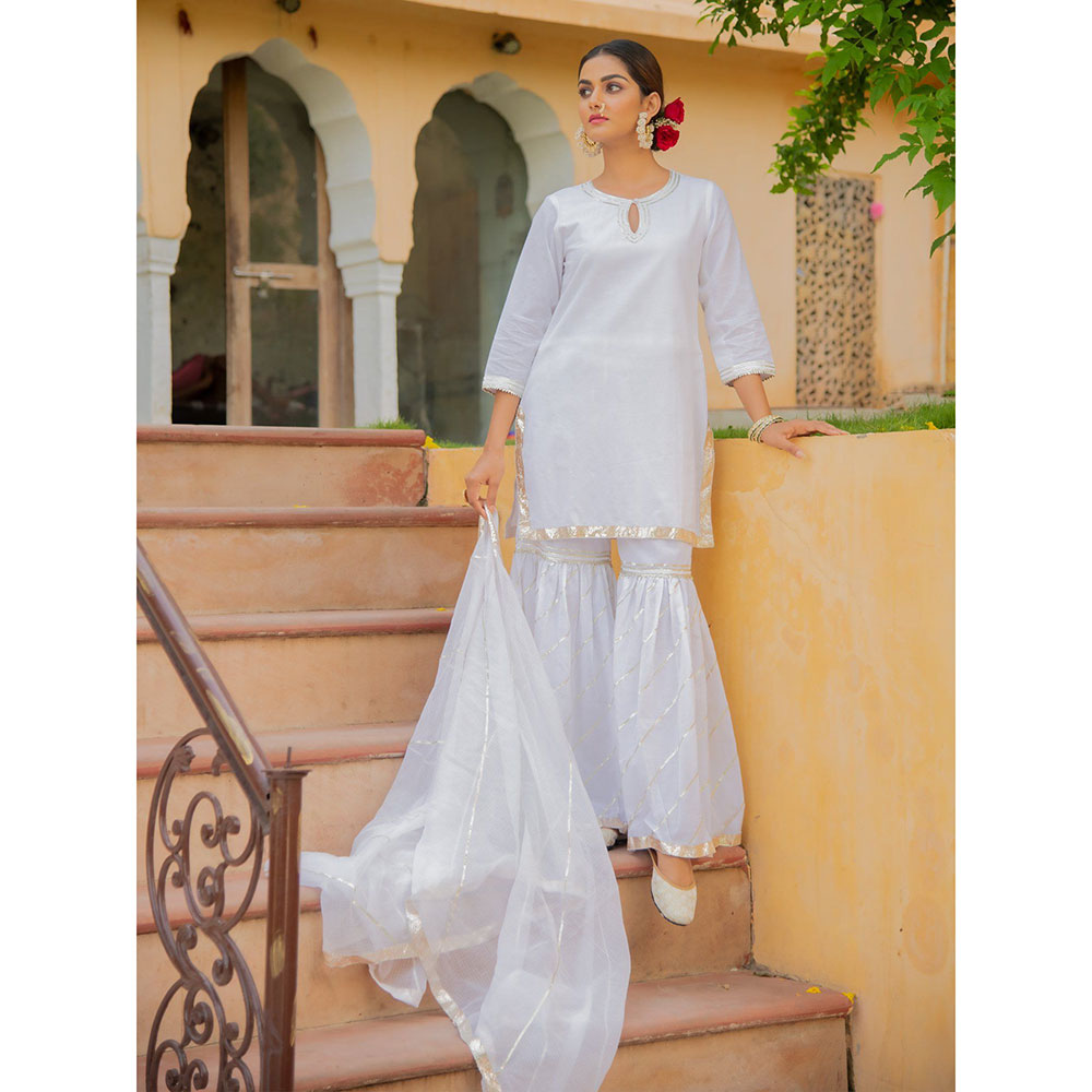 Maison Shefali Shwet Gota Work Kurti with Sharara and Dupatta (Set of 3)