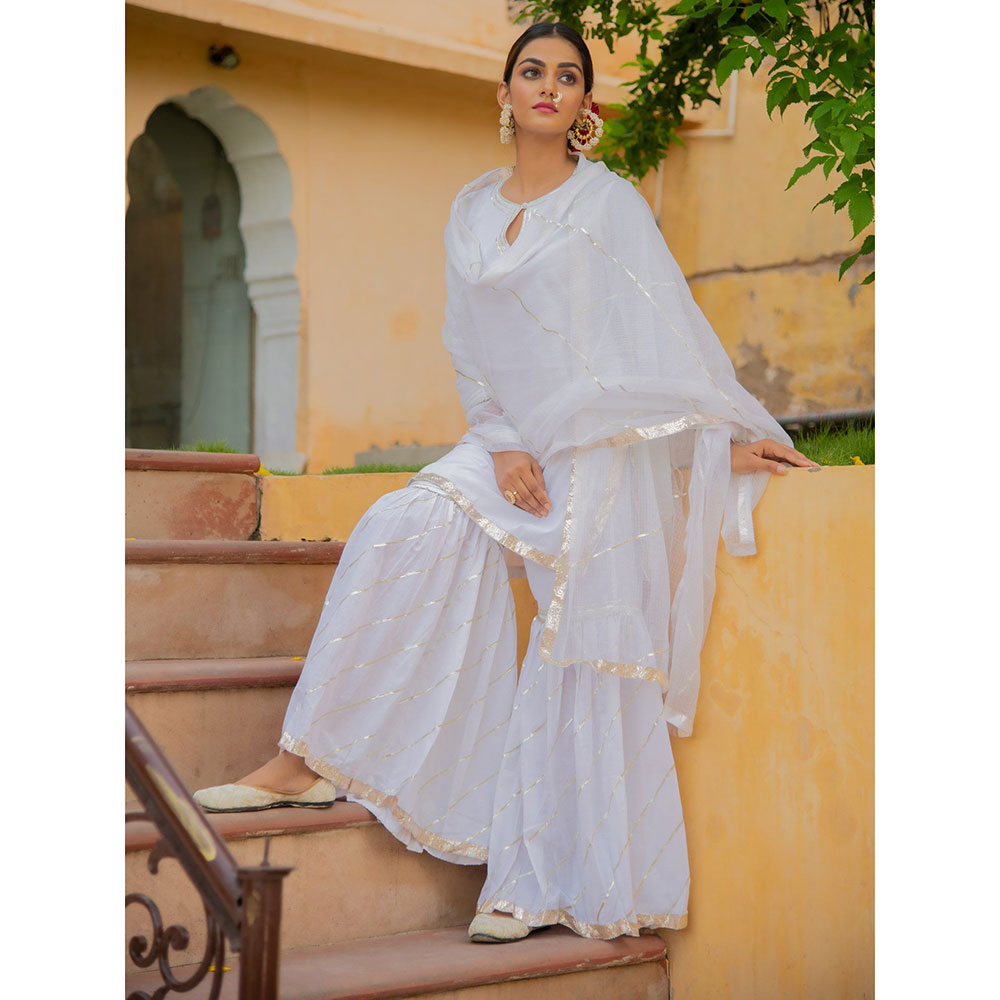 Maison Shefali Shwet Gota Work Kurti with Sharara and Dupatta (Set of 3)