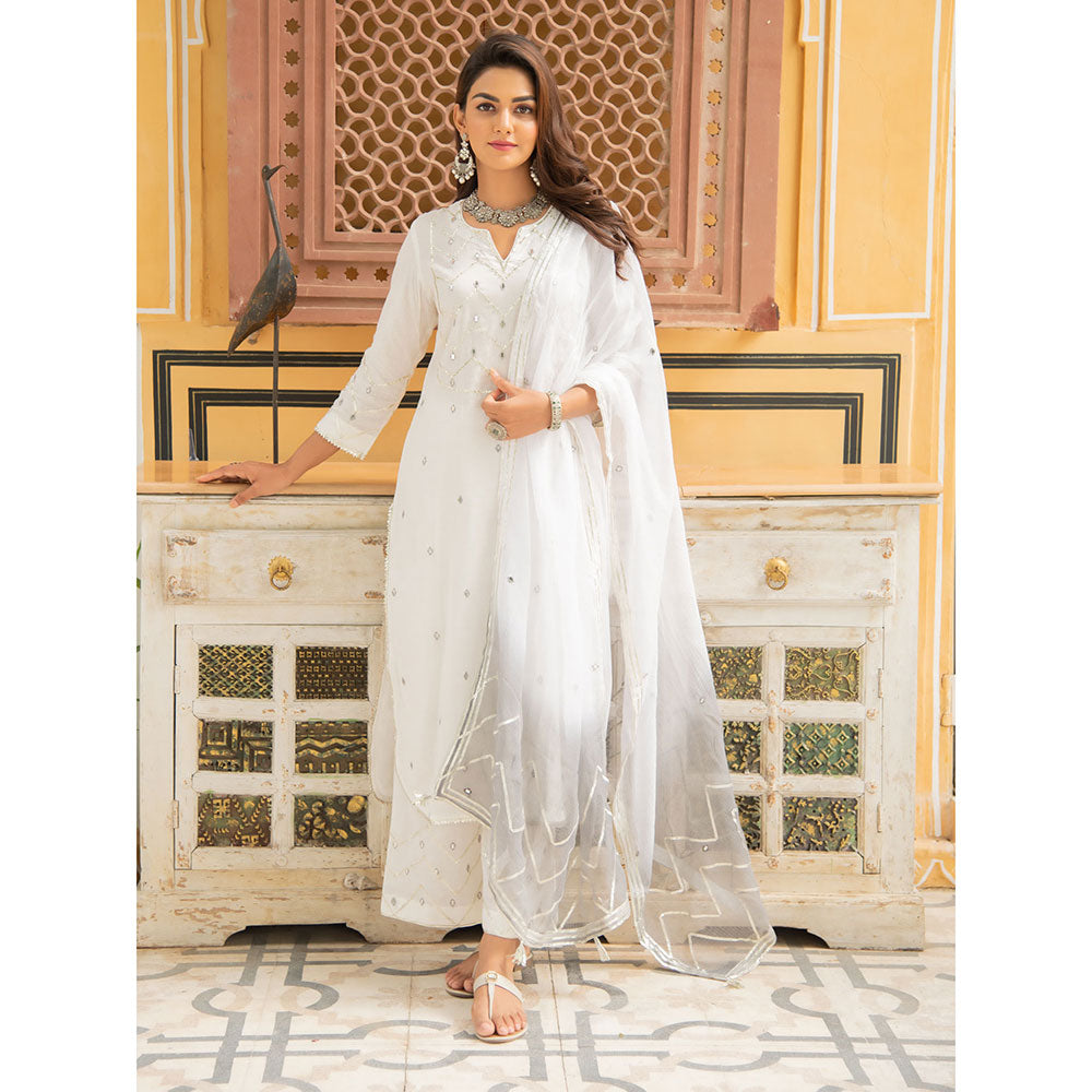 Maison Shefali Noor Badli White and Grey Gota Mirror Work Kurta (Set of 3)