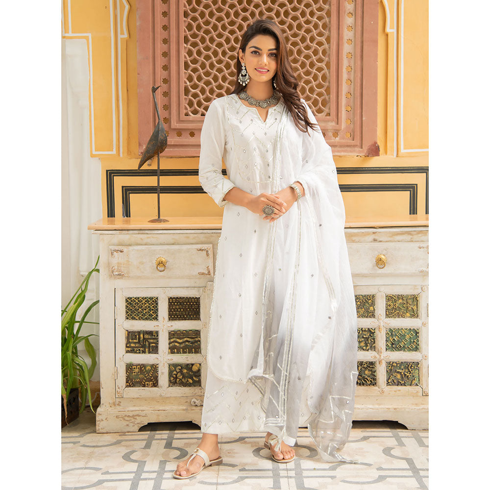 Maison Shefali Noor Badli White and Grey Gota Mirror Work Kurta (Set of 3)