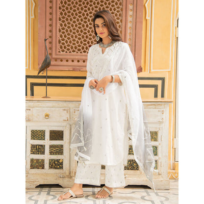 Maison Shefali Noor Badli White and Grey Gota Mirror Work Kurta (Set of 3)