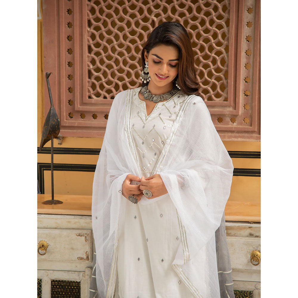 Maison Shefali Noor Badli White and Grey Gota Mirror Work Kurta (Set of 3)