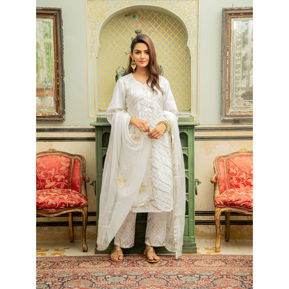 Maison Shefali Noor Shwet Gota Work Lehriya Kurta (Set of 3)