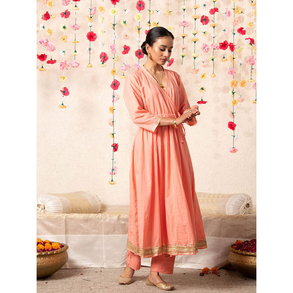 Maison Shefali Peach Sorbet Angrakha Kurta (Set of 2)