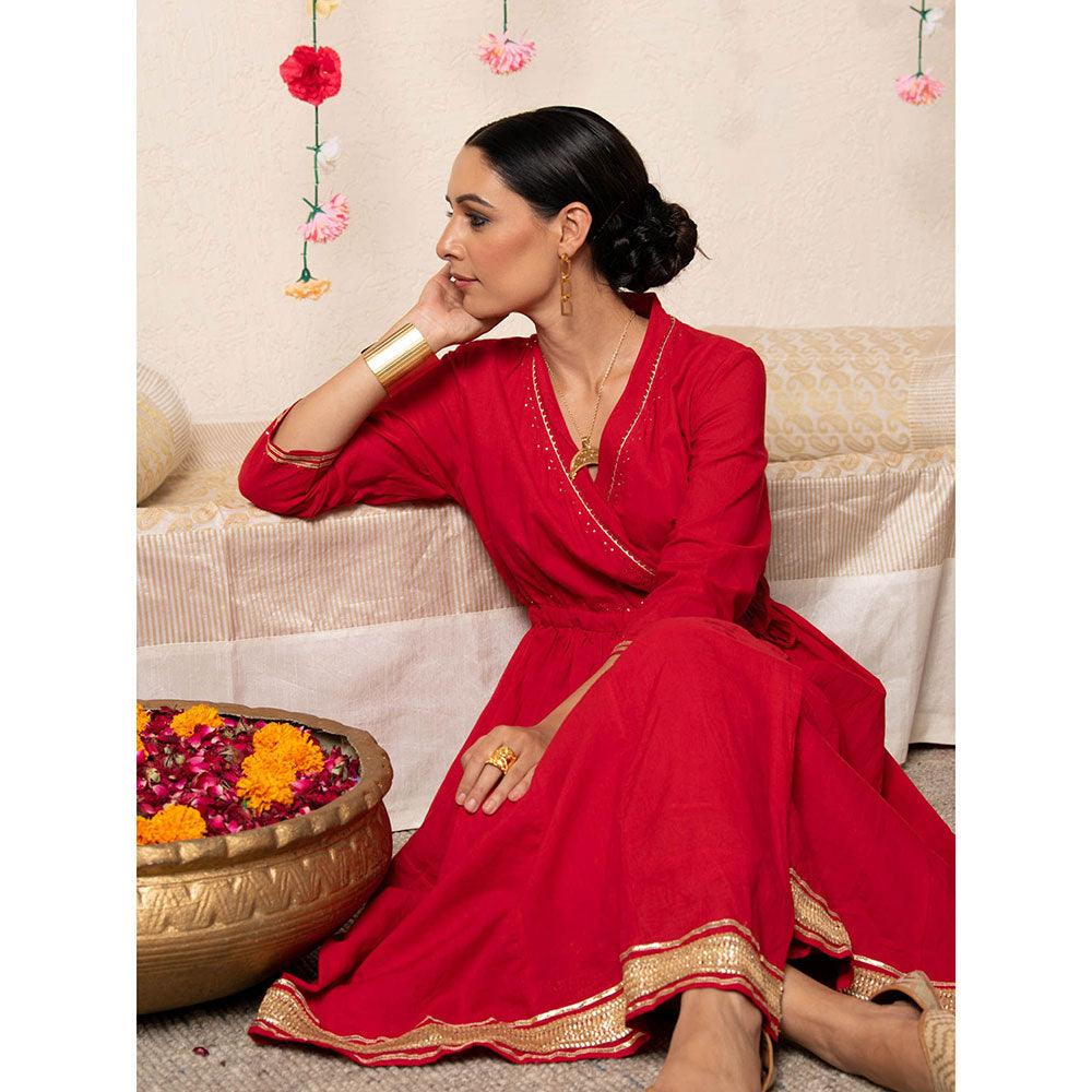 Maison Shefali Red Sorbet Angrakha Kurta (Set of 2)