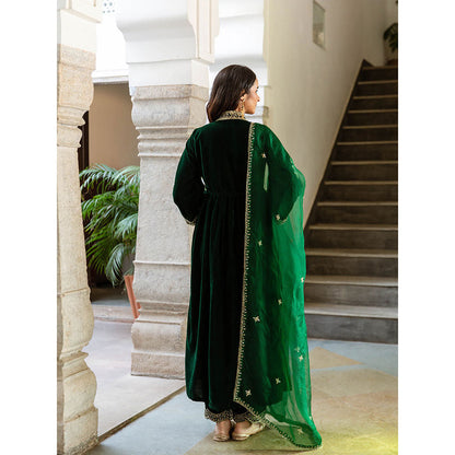 Maison Shefali Khizaan Panna - Velvet Embroidered Kurta & Pant with Dupatta (Set of 3)