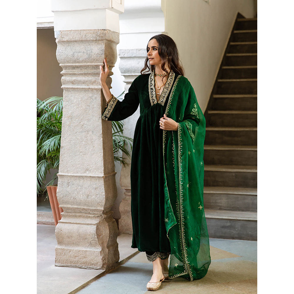 Maison Shefali Khizaan Panna - Velvet Embroidered Kurta & Pant with Dupatta (Set of 3)