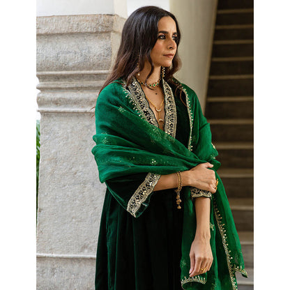 Maison Shefali Khizaan Panna - Velvet Embroidered Kurta & Pant with Dupatta (Set of 3)