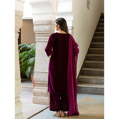 Maison Shefali Roya - Velvet Embroidered Kurta & Pant with Dupatta (Set of 3)