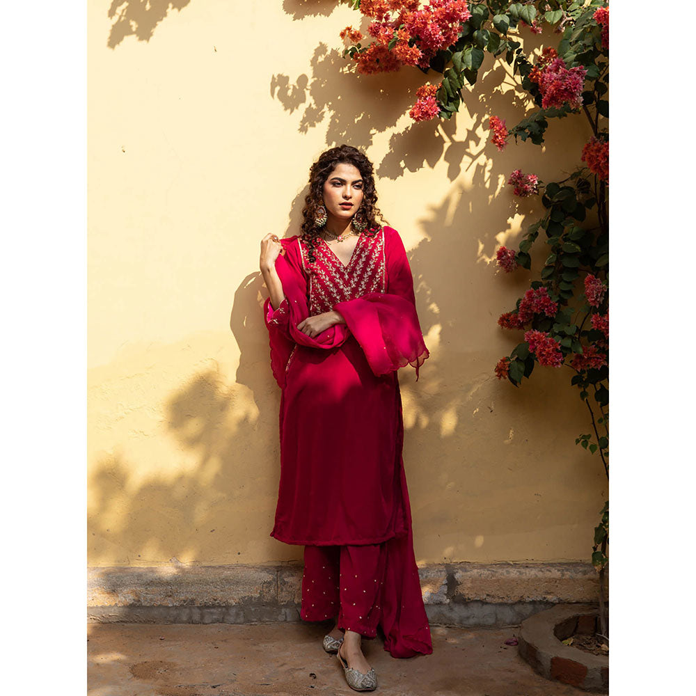 Maison Shefali Roya Gulabi - Velvet Embroidered Kurta & Pant with Dupatta (Set of 3)
