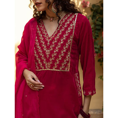 Maison Shefali Roya Gulabi - Velvet Embroidered Kurta & Pant with Dupatta (Set of 3)