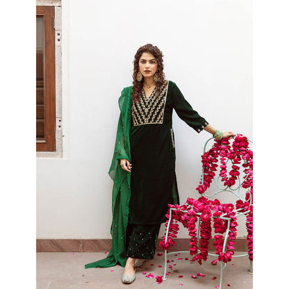 Maison Shefali Roya Panna - Velvet Embroidered Kurta & Pant with Dupatta (Set of 3)
