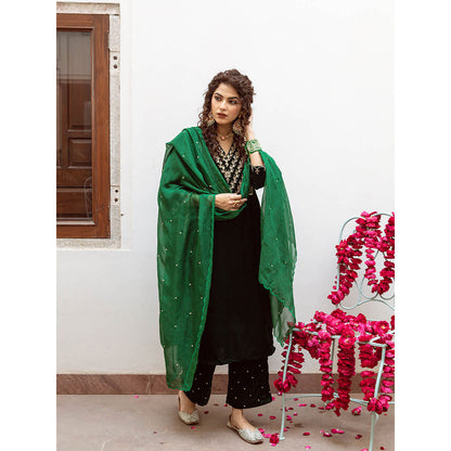 Maison Shefali Roya Panna - Velvet Embroidered Kurta & Pant with Dupatta (Set of 3)