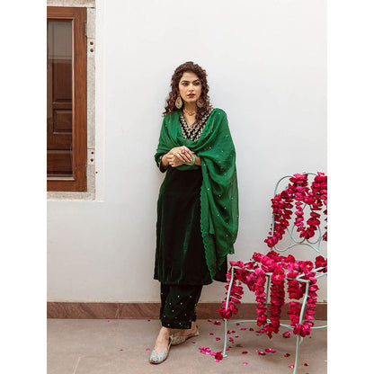 Maison Shefali Roya Panna - Velvet Embroidered Kurta & Pant with Dupatta (Set of 3)