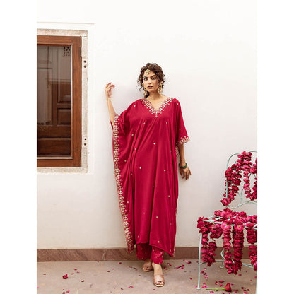 Maison Shefali Ibtida Gulabi - Velvet Embroidered Kaftan & Pant (Set of 2)