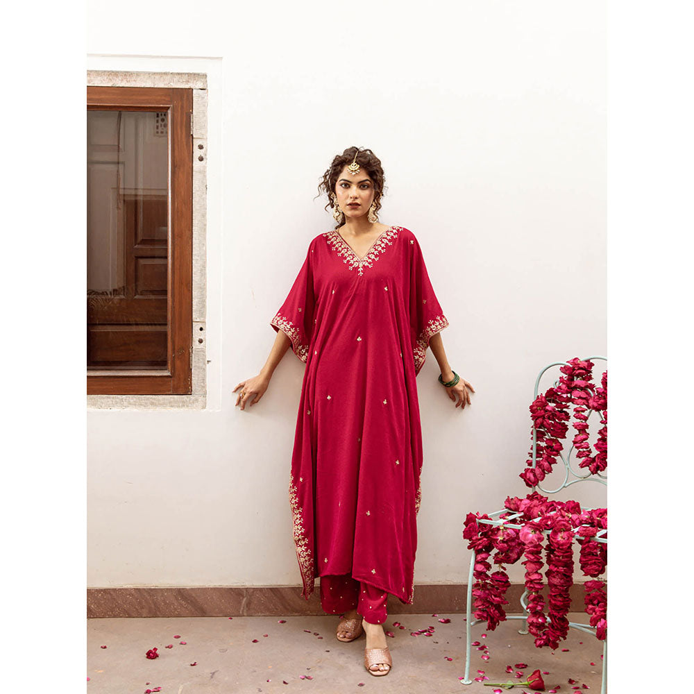 Maison Shefali Ibtida Gulabi - Velvet Embroidered Kaftan & Pant (Set of 2)