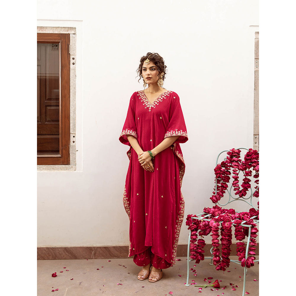 Maison Shefali Ibtida Gulabi - Velvet Embroidered Kaftan & Pant (Set of 2)