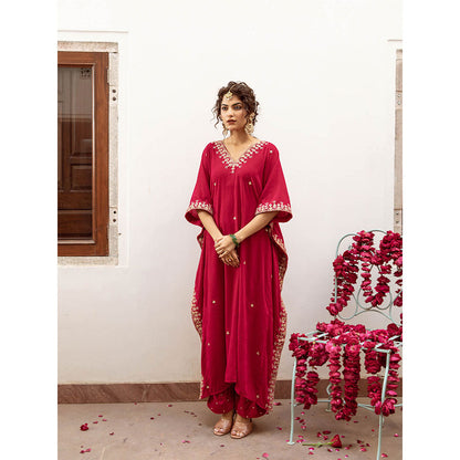Maison Shefali Ibtida Gulabi - Velvet Embroidered Kaftan & Pant (Set of 2)