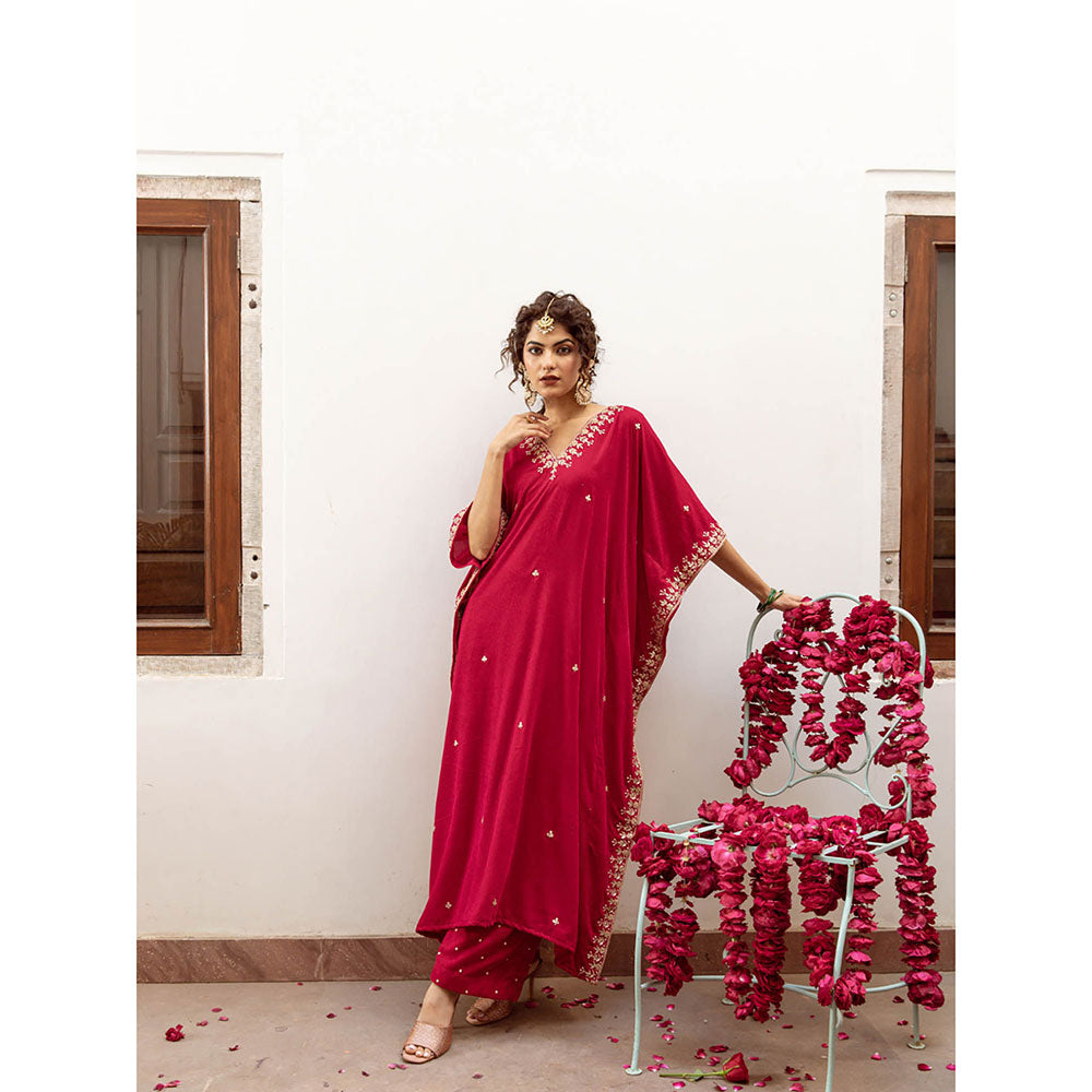 Maison Shefali Ibtida Gulabi - Velvet Embroidered Kaftan & Pant (Set of 2)