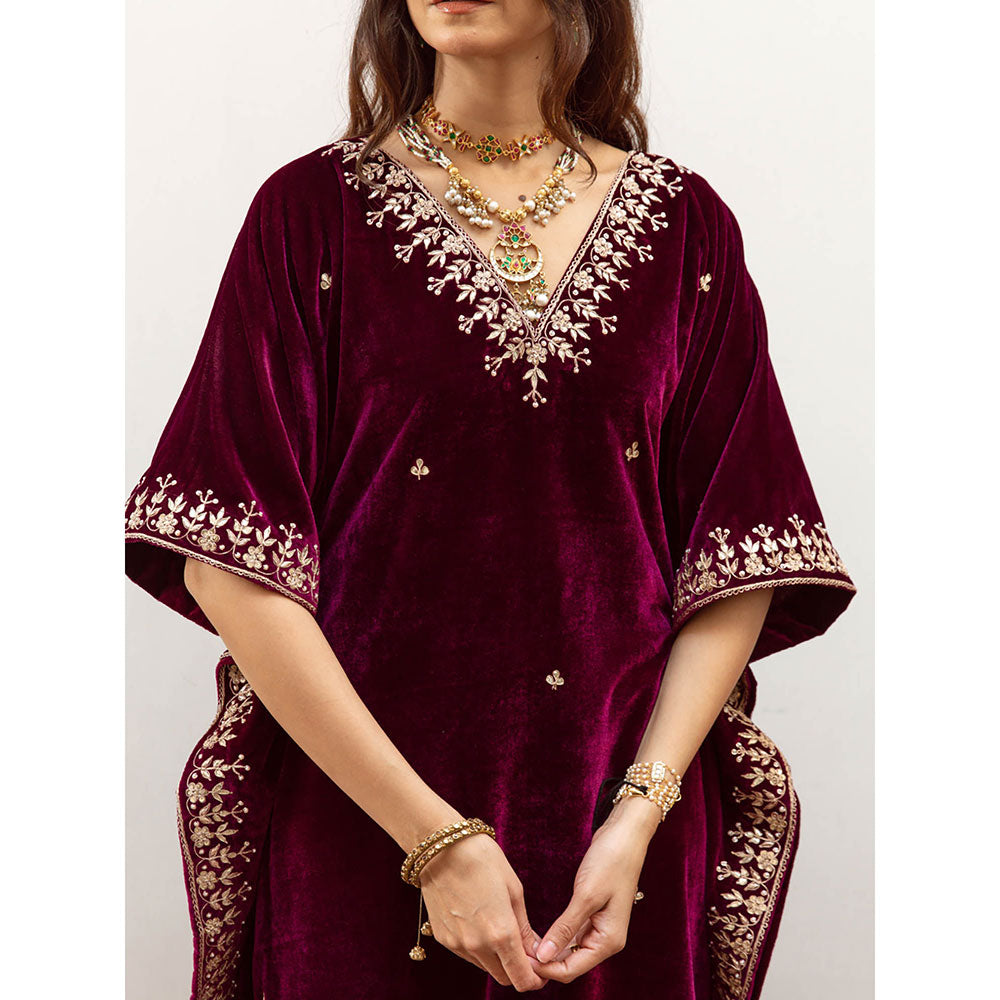 Maison Shefali Ibtida - Velvet Embroidered Kaftan & Pant (Set of 2)