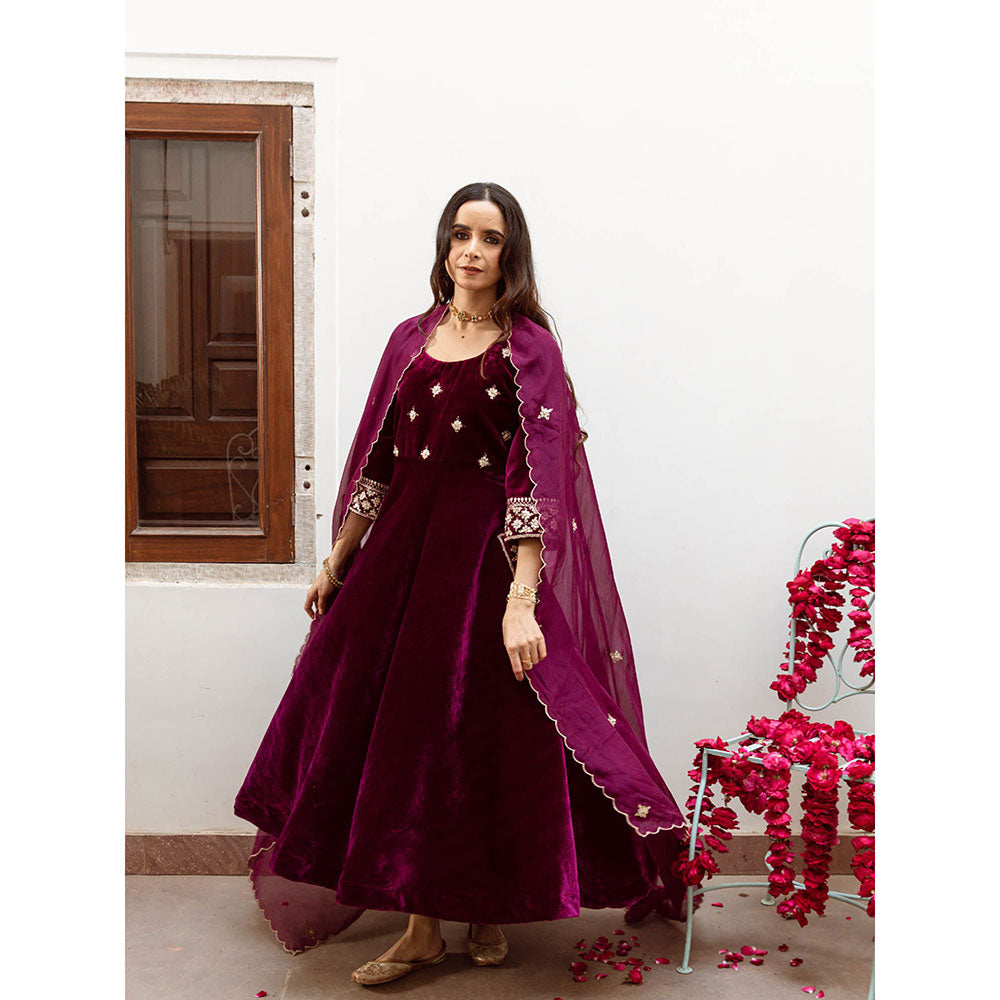 Maison Shefali Zeya - Velvet Embroidered Anarkali & Pant with Dupatta (Set of 3)